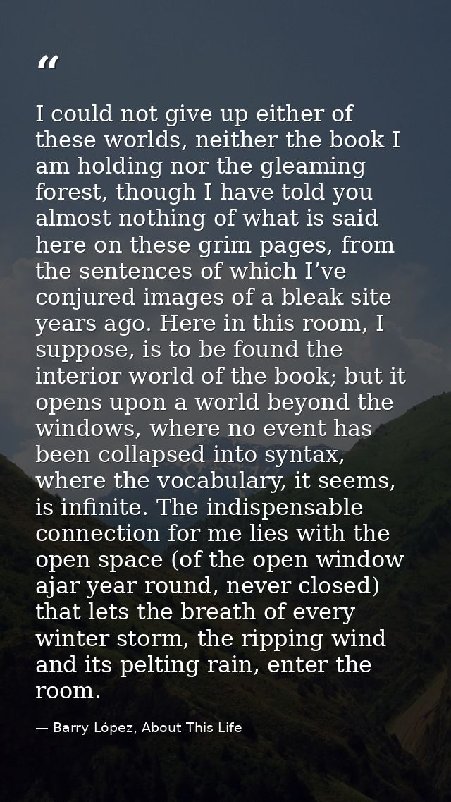 I could not give up either of these worlds, neither the book I am holding nor the gleaming forest, though I have told yo — Barry López, About This Life