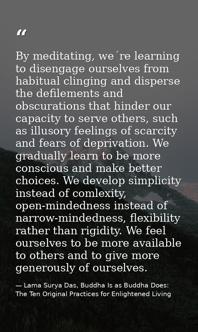 By meditating, we´re learning to disengage ourselves from habitual clinging and disperse the defilements and obscuration — Lama Surya Das, Buddha Is as Buddha Does: The Ten Original Practices for Enlightened Living