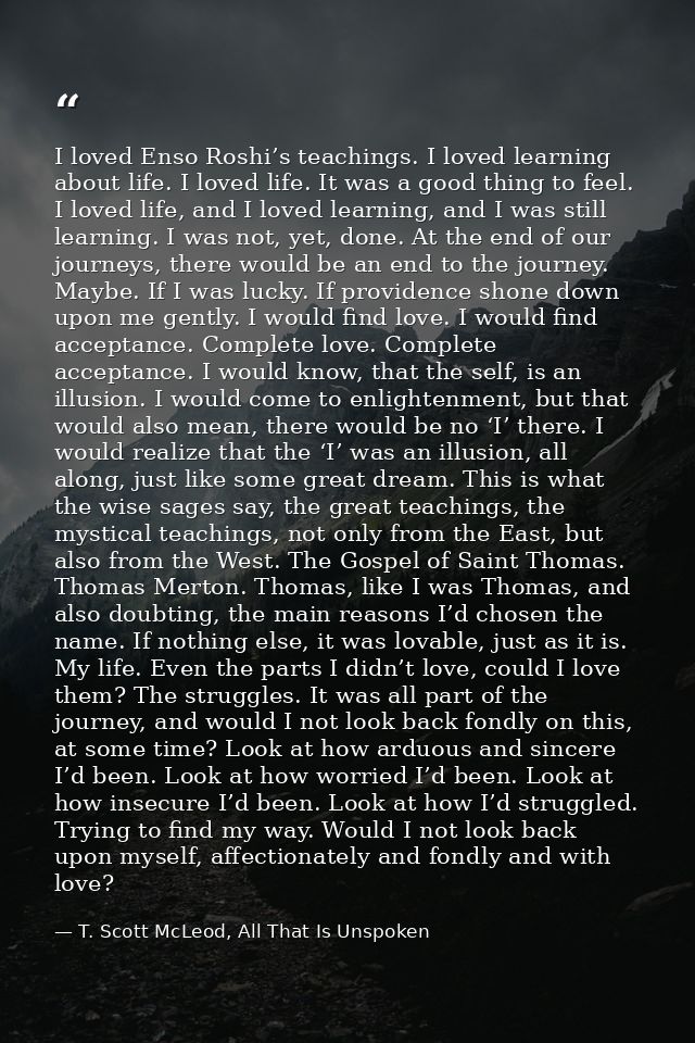 I loved Enso Roshi’s teachings. I loved learning about life. I loved life. It was a good thing to feel. I loved life, an — T. Scott McLeod, All That Is Unspoken