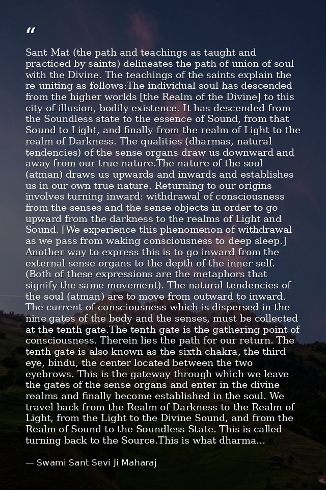 Sant Mat (the path and teachings as taught and practiced by saints) delineates the path of union of soul with the Divine — Swami Sant Sevi Ji Maharaj