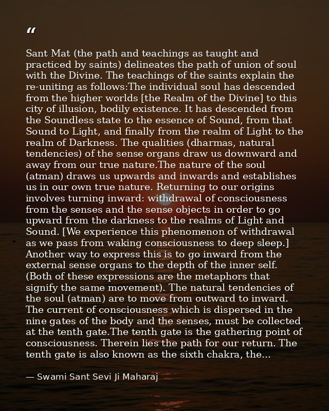 Sant Mat (the path and teachings as taught and practiced by saints) delineates the path of union of soul with the Divine — Swami Sant Sevi Ji Maharaj