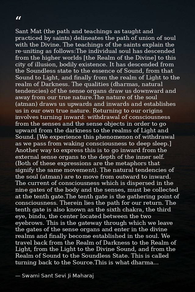 Sant Mat (the path and teachings as taught and practiced by saints) delineates the path of union of soul with the Divine — Swami Sant Sevi Ji Maharaj