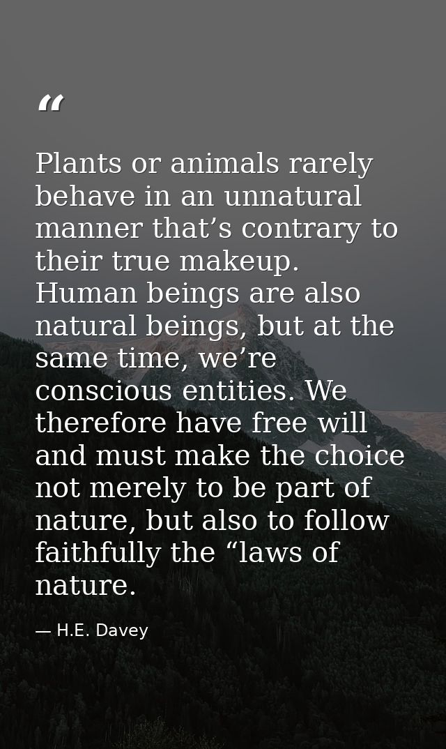 Plants or animals rarely behave in an unnatural manner that’s contrary to their true makeup. Human beings are also natur — H.E. Davey