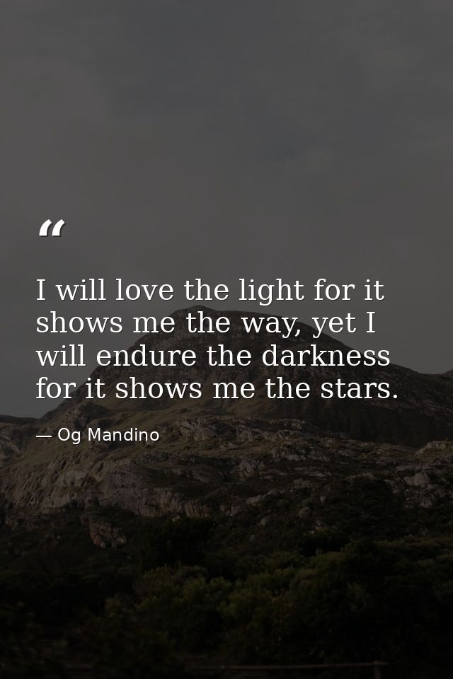 I will love the light for it shows me the way, yet I will endure the darkness for it shows me the stars. — Og Mandino