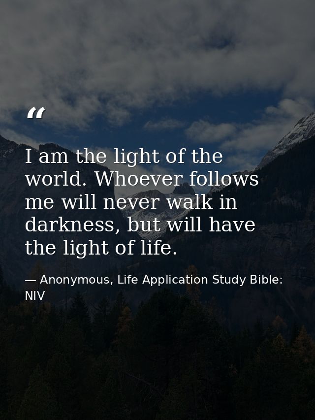 I am the light of the world. Whoever follows me will never walk in darkness, but will have the light of life. — Anonymous, Life Application Study Bible: NIV