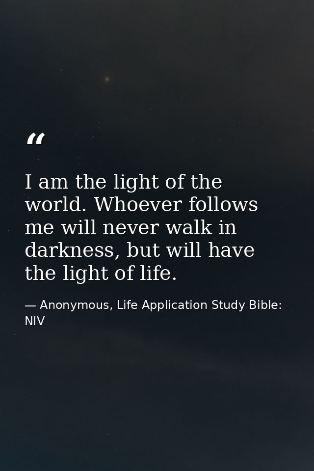 I am the light of the world. Whoever follows me will never walk in darkness, but will have the light of life. — Anonymous, Life Application Study Bible: NIV