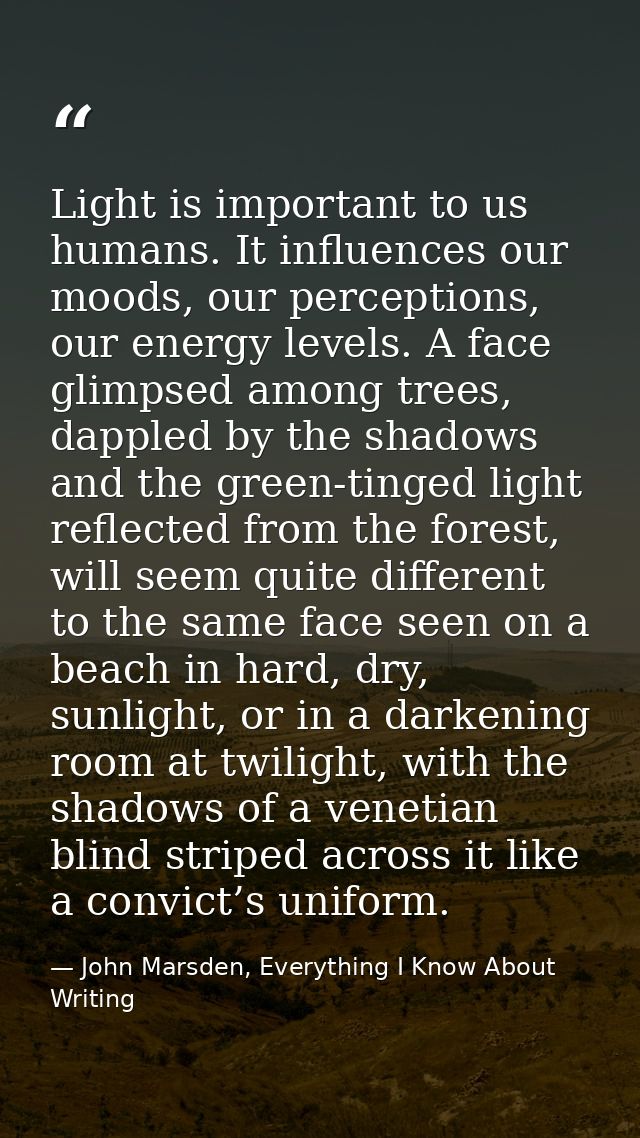 Light is important to us humans. It influences our moods, our perceptions, our energy levels. A face glimpsed among tree — John Marsden, Everything I Know About Writing