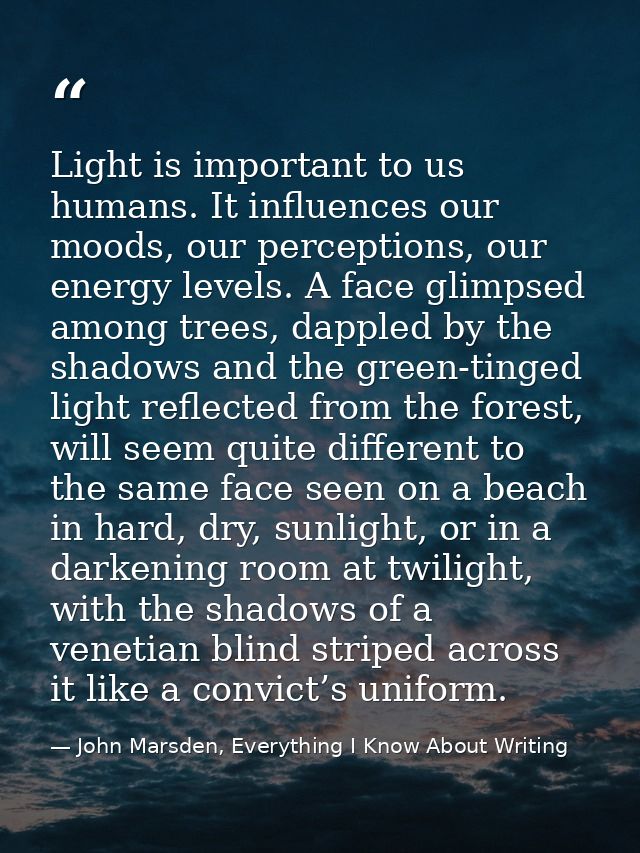 Light is important to us humans. It influences our moods, our perceptions, our energy levels. A face glimpsed among tree — John Marsden, Everything I Know About Writing