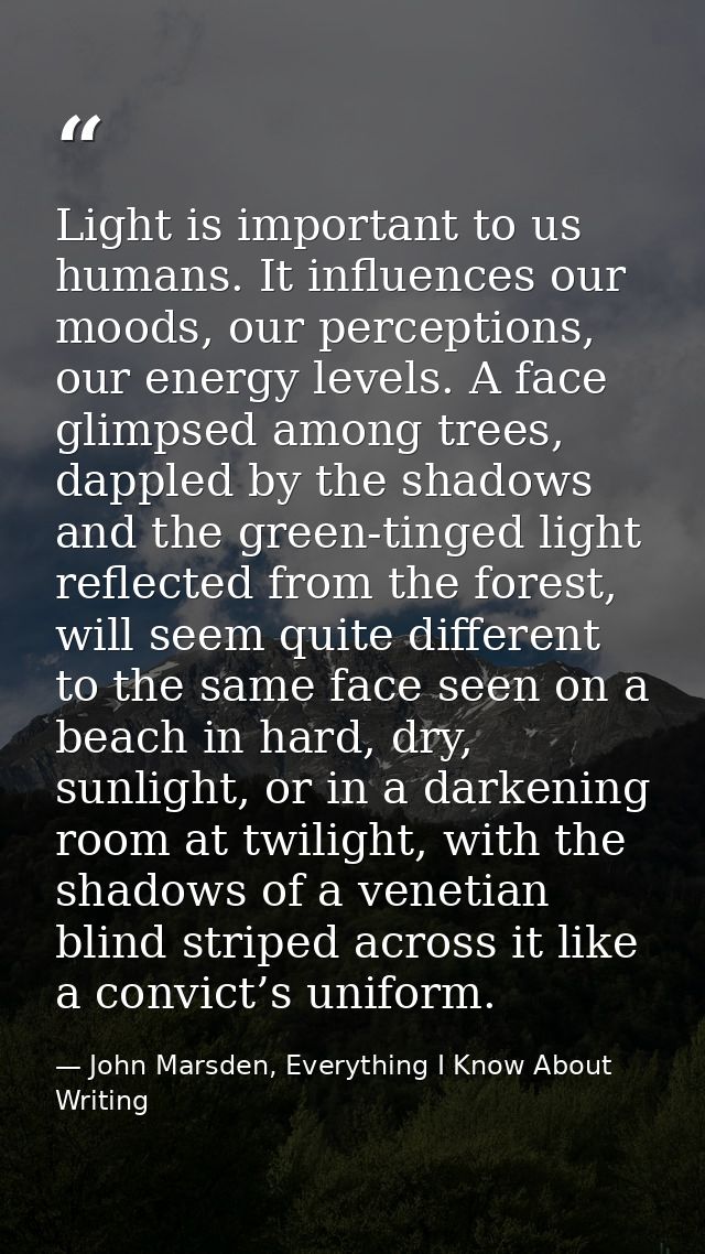 Light is important to us humans. It influences our moods, our perceptions, our energy levels. A face glimpsed among tree — John Marsden, Everything I Know About Writing