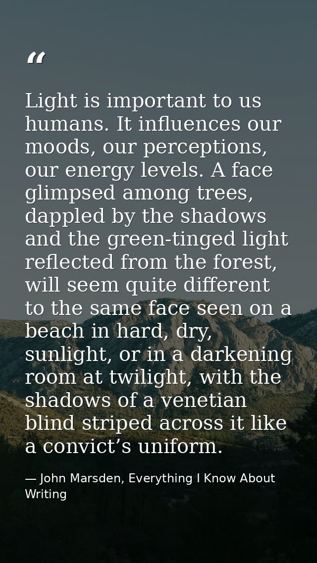 Light is important to us humans. It influences our moods, our perceptions, our energy levels. A face glimpsed among tree — John Marsden, Everything I Know About Writing