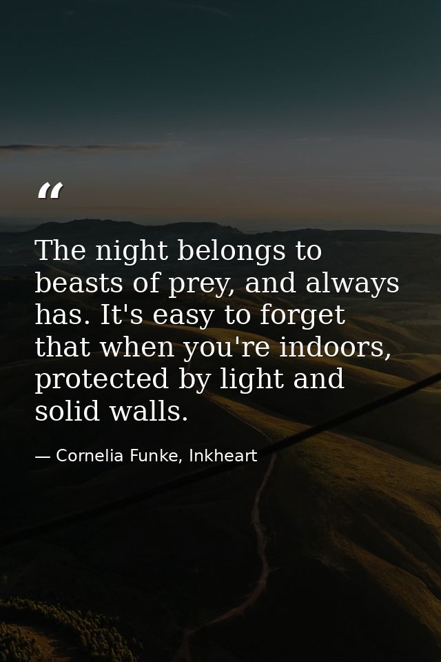 The night belongs to beasts of prey, and always has. It's easy to forget that when you're indoors, protected by light an — Cornelia Funke, Inkheart