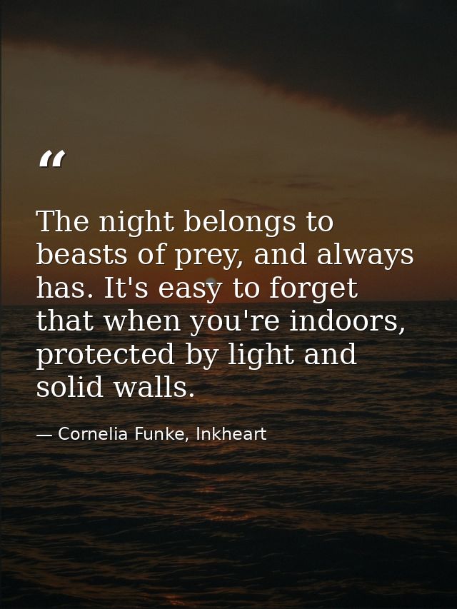 The night belongs to beasts of prey, and always has. It's easy to forget that when you're indoors, protected by light an — Cornelia Funke, Inkheart