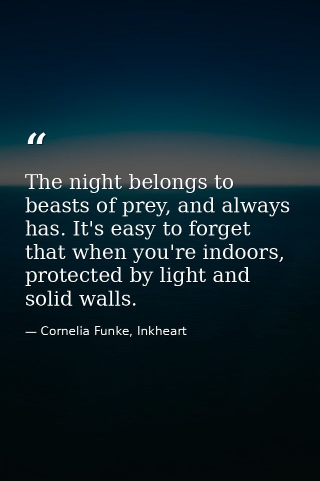 The night belongs to beasts of prey, and always has. It's easy to forget that when you're indoors, protected by light an — Cornelia Funke, Inkheart