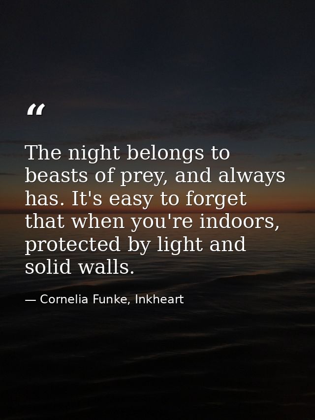 The night belongs to beasts of prey, and always has. It's easy to forget that when you're indoors, protected by light an — Cornelia Funke, Inkheart