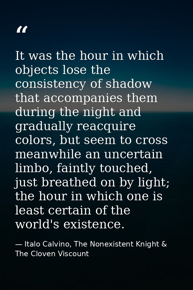 It was the hour in which objects lose the consistency of shadow that accompanies them during the night and gradually rea — Italo Calvino, The Nonexistent Knight & The Cloven Viscount
