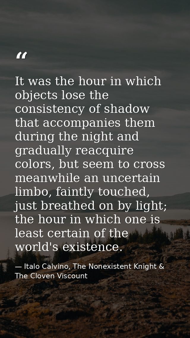 It was the hour in which objects lose the consistency of shadow that accompanies them during the night and gradually rea — Italo Calvino, The Nonexistent Knight & The Cloven Viscount
