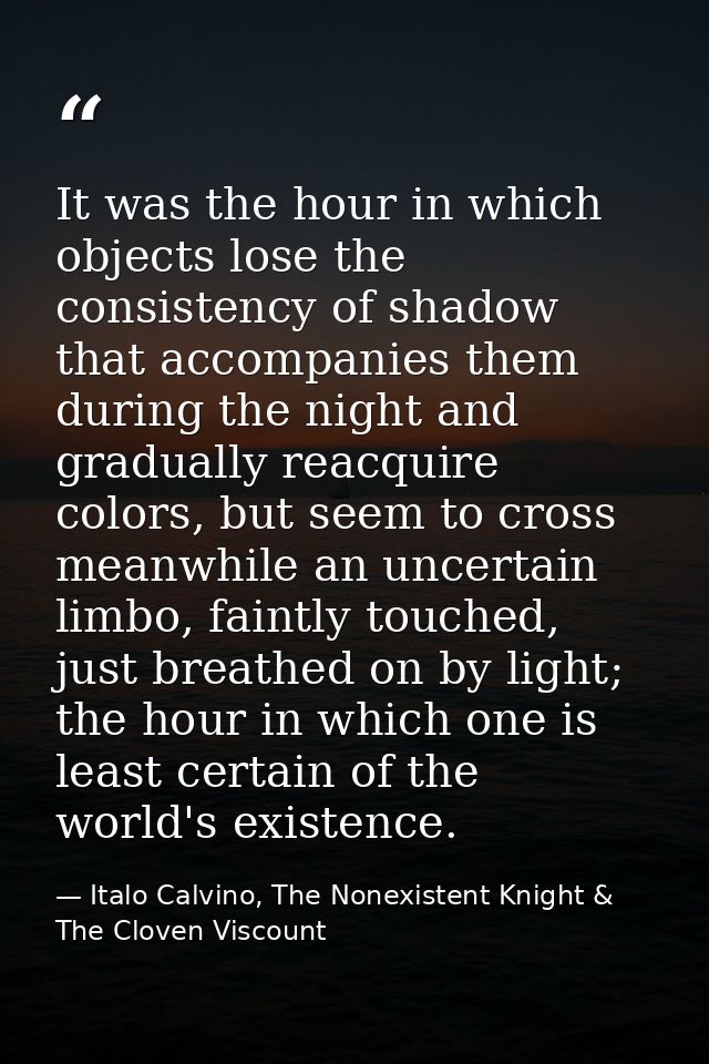 It was the hour in which objects lose the consistency of shadow that accompanies them during the night and gradually rea — Italo Calvino, The Nonexistent Knight & The Cloven Viscount