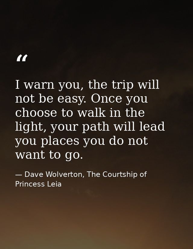 I warn you, the trip will not be easy. Once you choose to walk in the light, your path will lead you places you do not w — Dave Wolverton, The Courtship of Princess Leia