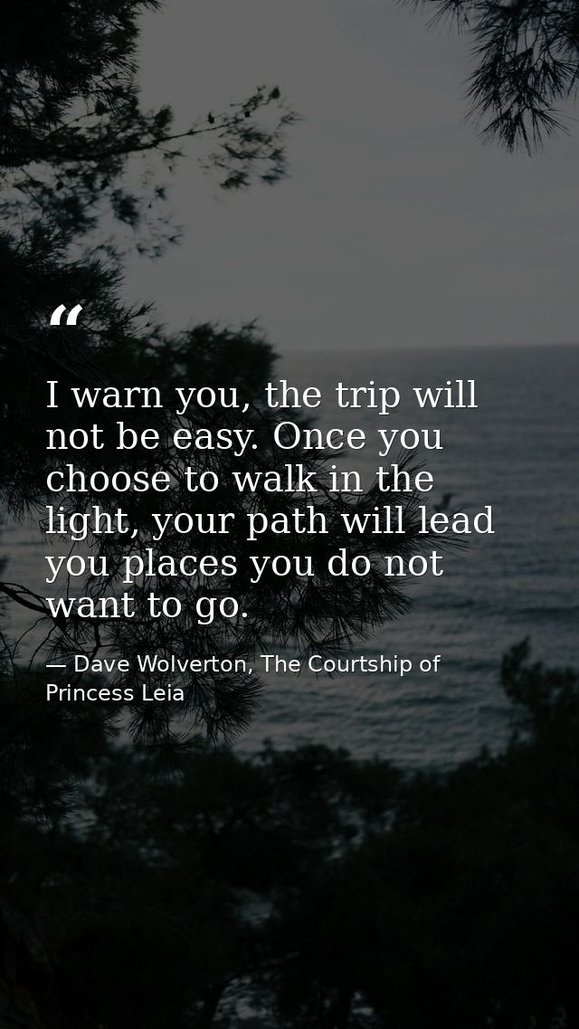 I warn you, the trip will not be easy. Once you choose to walk in the light, your path will lead you places you do not w — Dave Wolverton, The Courtship of Princess Leia