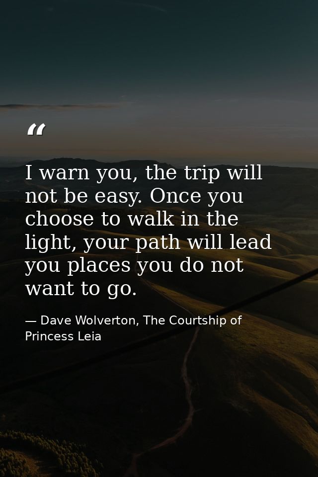 I warn you, the trip will not be easy. Once you choose to walk in the light, your path will lead you places you do not w — Dave Wolverton, The Courtship of Princess Leia