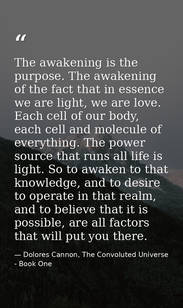 The awakening is the purpose. The awakening of the fact that in essence we are light, we are love. Each cell of our body — Dolores Cannon, The Convoluted Universe - Book One