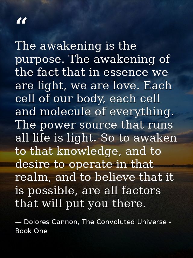 The awakening is the purpose. The awakening of the fact that in essence we are light, we are love. Each cell of our body — Dolores Cannon, The Convoluted Universe - Book One