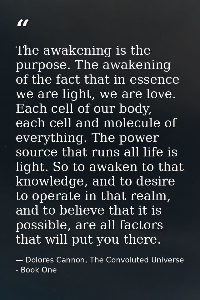 The awakening is the purpose. The awakening of the fact that in essence we are light, we are love. Each cell of our body — Dolores Cannon, The Convoluted Universe - Book One