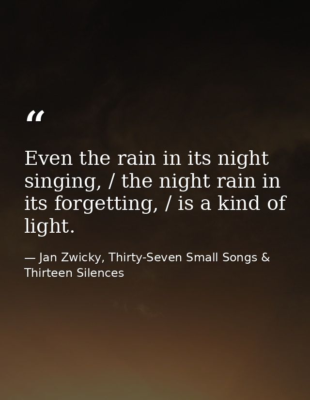 Even the rain in its night singing, / the night rain in its forgetting, / is a kind of light. — Jan Zwicky, Thirty-Seven Small Songs & Thirteen Silences