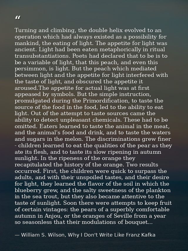 Turning and climbing, the double helix evolved to an operation which had always existed as a possibility for mankind, th — William S. Wilson, Why I Don't Write Like Franz Kafka