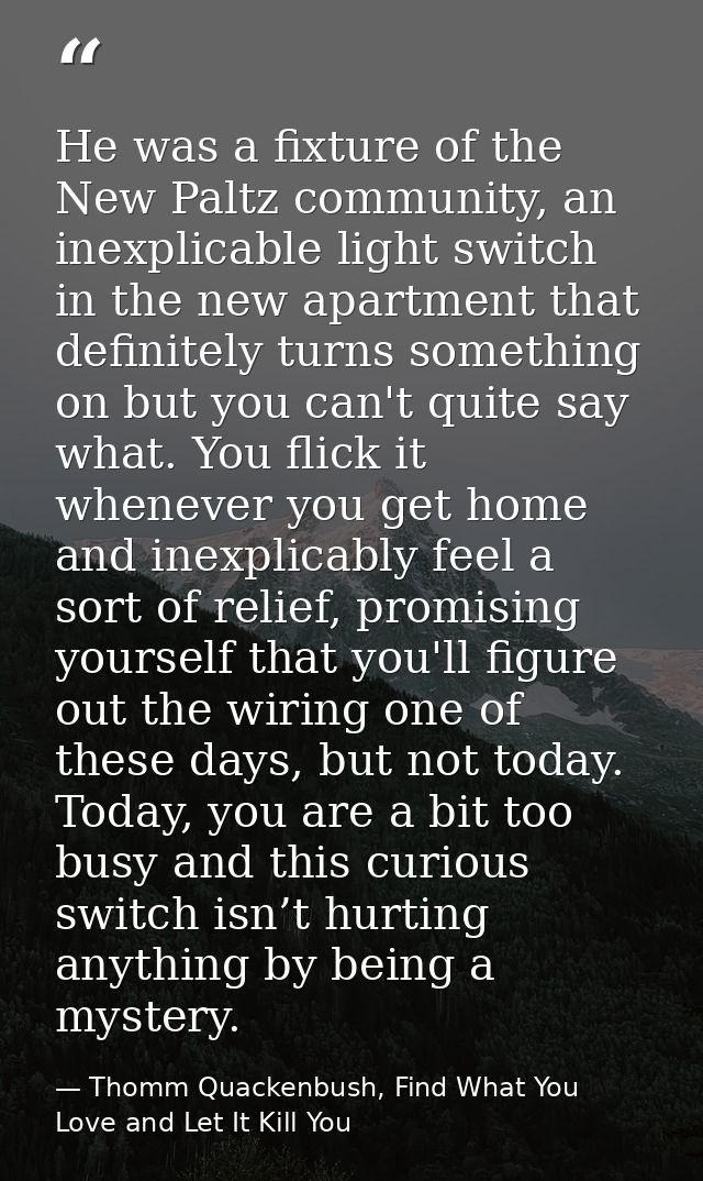 He was a fixture of the New Paltz community, an inexplicable light switch in the new apartment that definitely turns som — Thomm Quackenbush, Find What You Love and Let It Kill You
