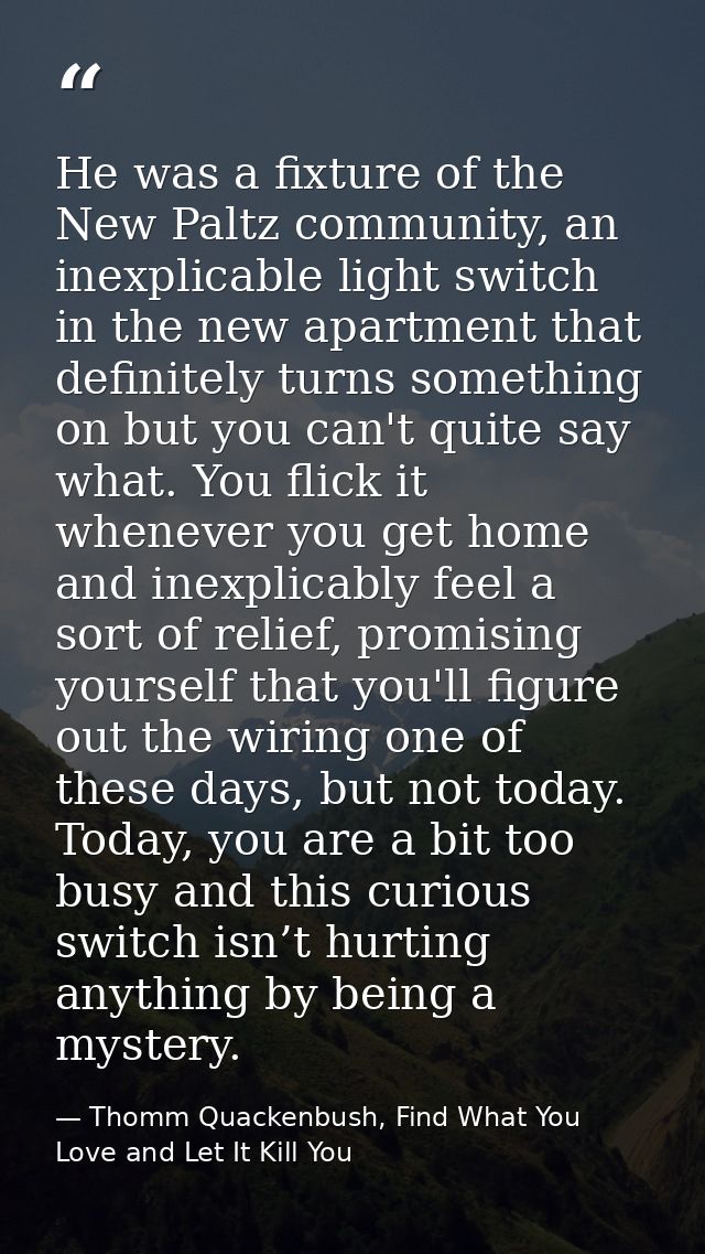 He was a fixture of the New Paltz community, an inexplicable light switch in the new apartment that definitely turns som — Thomm Quackenbush, Find What You Love and Let It Kill You