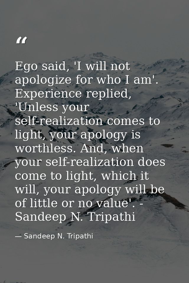 Ego said, 'I will not apologize for who I am'. Experience replied, 'Unless your self-realization comes to light, your ap — Sandeep N. Tripathi