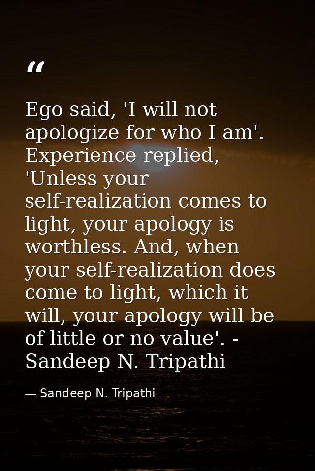 Ego said, 'I will not apologize for who I am'. Experience replied, 'Unless your self-realization comes to light, your ap — Sandeep N. Tripathi