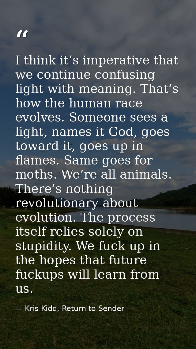 I think it’s imperative that we continue confusing light with meaning. That’s how the human race evolves. Someone sees a — Kris Kidd, Return to Sender