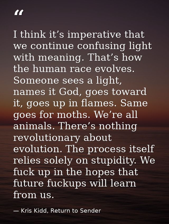 I think it’s imperative that we continue confusing light with meaning. That’s how the human race evolves. Someone sees a — Kris Kidd, Return to Sender