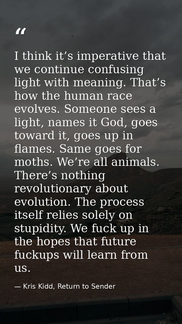 I think it’s imperative that we continue confusing light with meaning. That’s how the human race evolves. Someone sees a — Kris Kidd, Return to Sender