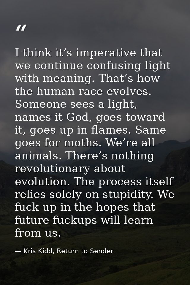 I think it’s imperative that we continue confusing light with meaning. That’s how the human race evolves. Someone sees a — Kris Kidd, Return to Sender
