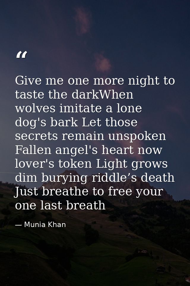 Give me one more night to taste the darkWhen wolves imitate a lone dog's bark Let those secrets remain unspoken Fallen a — Munia Khan