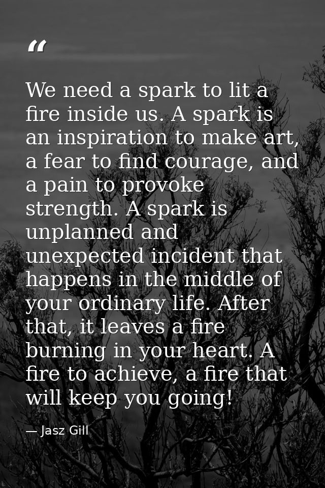 We need a spark to lit a fire inside us. A spark is an inspiration to make art, a fear to find courage, and a pain to pr — Jasz Gill
