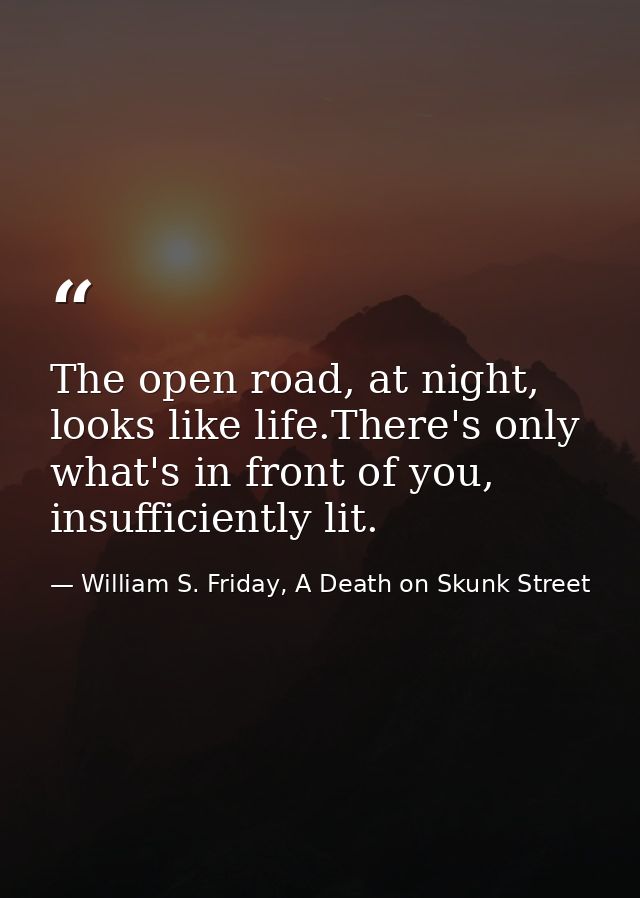 The open road, at night, looks like life.There's only what's in front of you, insufficiently lit. — William S. Friday, A Death on Skunk Street