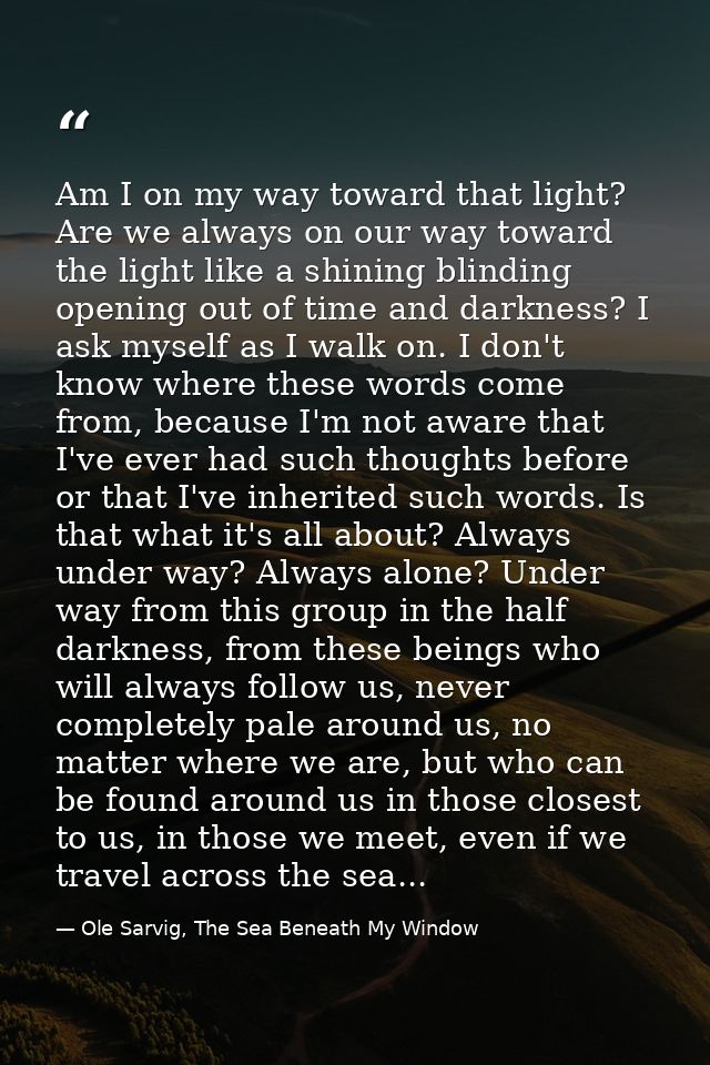 Am I on my way toward that light? Are we always on our way toward the light like a shining blinding opening out of time  — Ole Sarvig, The Sea Beneath My Window