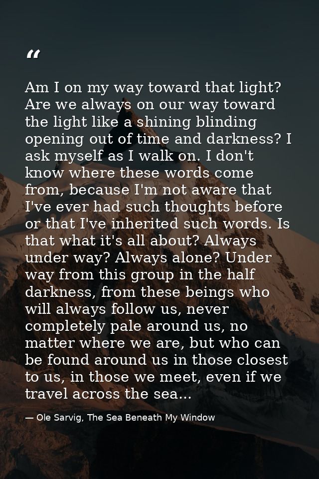 Am I on my way toward that light? Are we always on our way toward the light like a shining blinding opening out of time  — Ole Sarvig, The Sea Beneath My Window