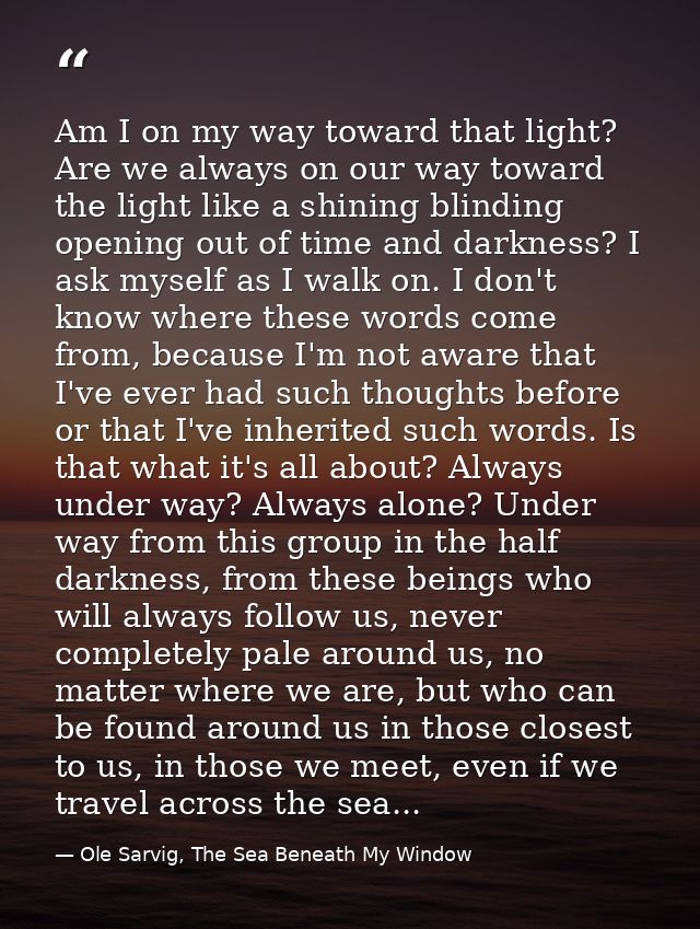 Am I on my way toward that light? Are we always on our way toward the light like a shining blinding opening out of time  — Ole Sarvig, The Sea Beneath My Window