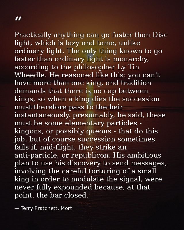 Practically anything can go faster than Disc light, which is lazy and tame, unlike ordinary light. The only thing known  — Terry Pratchett, Mort