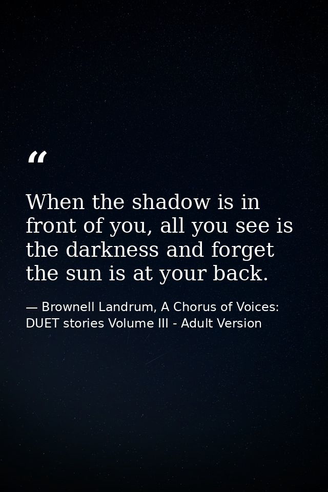 When the shadow is in front of you, all you see is the darkness and forget the sun is at your back. — Brownell Landrum, A Chorus of Voices: DUET stories Volume III - Adult Version