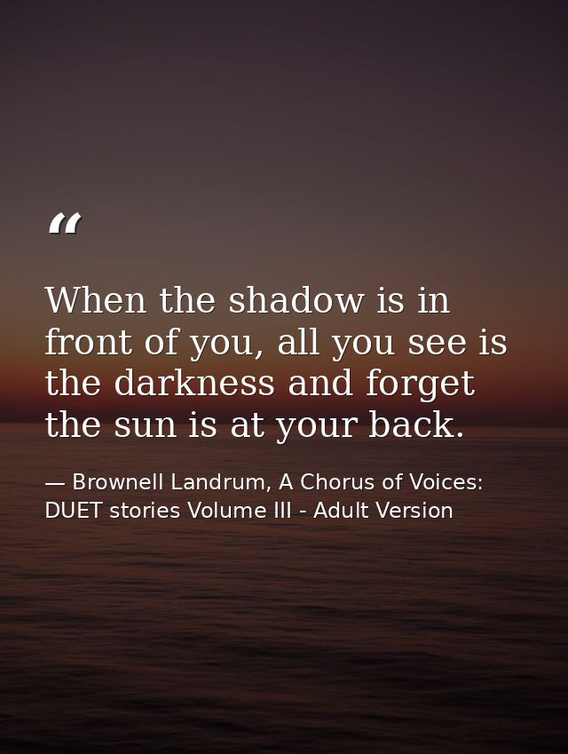 When the shadow is in front of you, all you see is the darkness and forget the sun is at your back. — Brownell Landrum, A Chorus of Voices: DUET stories Volume III - Adult Version