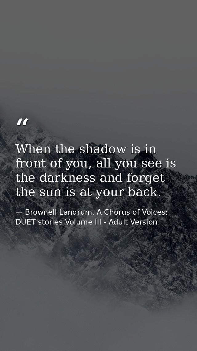 When the shadow is in front of you, all you see is the darkness and forget the sun is at your back. — Brownell Landrum, A Chorus of Voices: DUET stories Volume III - Adult Version