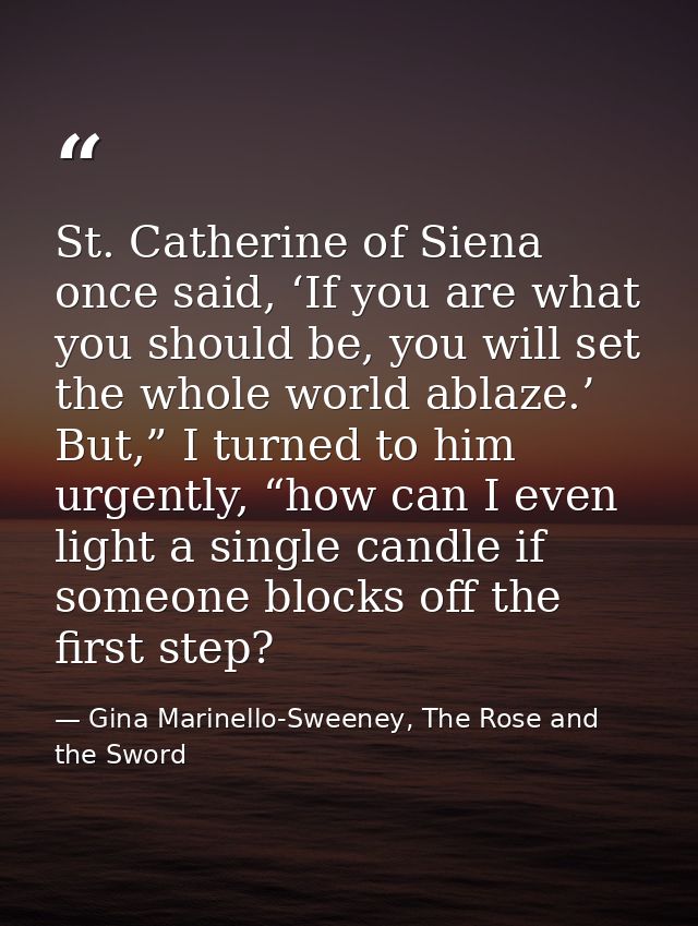 St. Catherine of Siena once said, ‘If you are what you should be, you will set the whole world ablaze.’ But,” I turned t — Gina Marinello-Sweeney, The Rose and the Sword