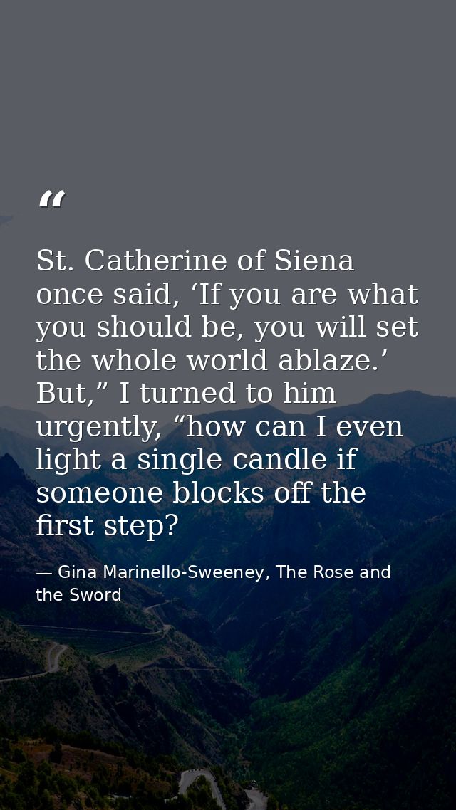 St. Catherine of Siena once said, ‘If you are what you should be, you will set the whole world ablaze.’ But,” I turned t — Gina Marinello-Sweeney, The Rose and the Sword
