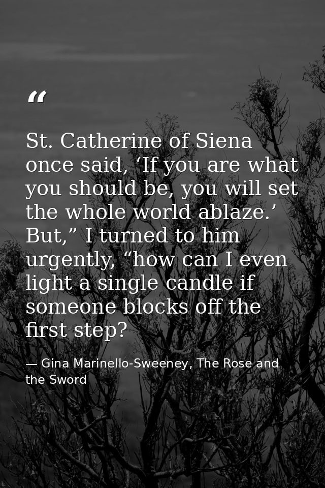 St. Catherine of Siena once said, ‘If you are what you should be, you will set the whole world ablaze.’ But,” I turned t — Gina Marinello-Sweeney, The Rose and the Sword